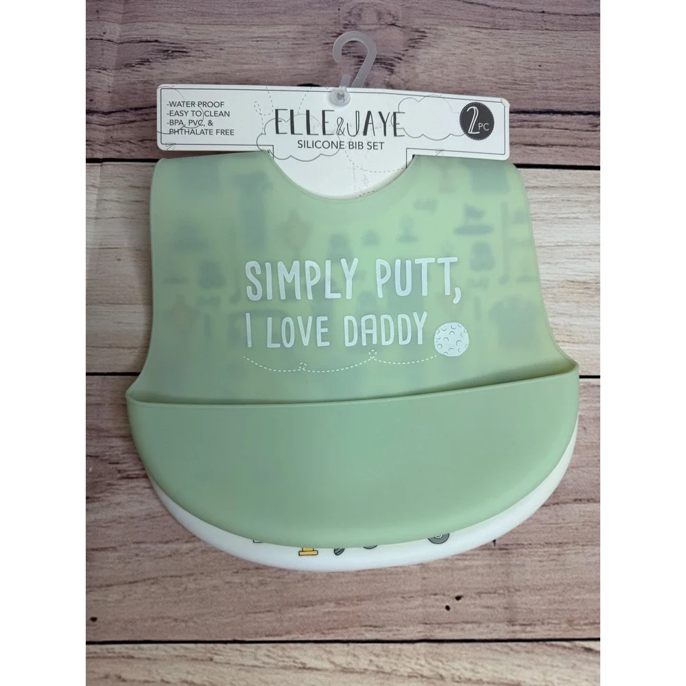 Elle & Jaye 2pc Silicone Bib Set Simply Putt I Love Daddy Golf Theme Sage Green